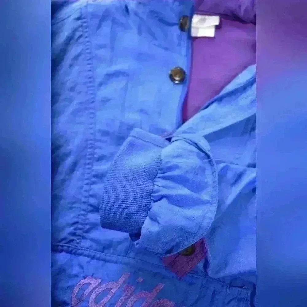 90s ADIDAS Neon Blue Purple Nylon Anorak Windbreaker Track Jacket Hoodie L XL - Picture 8 of 9